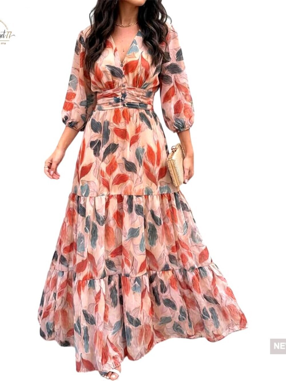 Women's Maxi Dress V-Neck 3/4 Puff Sleeve Floral Boho Wedding Guest Beach